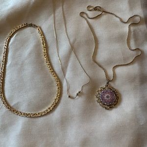 3 necklaces, beautiful slice,reversible chain and 14k GF fine chain with 3 beads